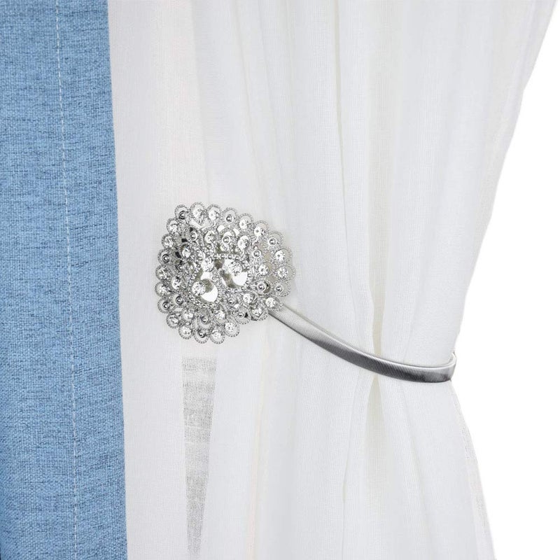 Mikomer 2PCS Magnetic Curtain Tiebacks Crystal Heart Shape Window Curtain Holdbacks Buckles Tie Backs Holders with Stretchable Wire Rope for Home and Office Decoration,Silver - Image 2